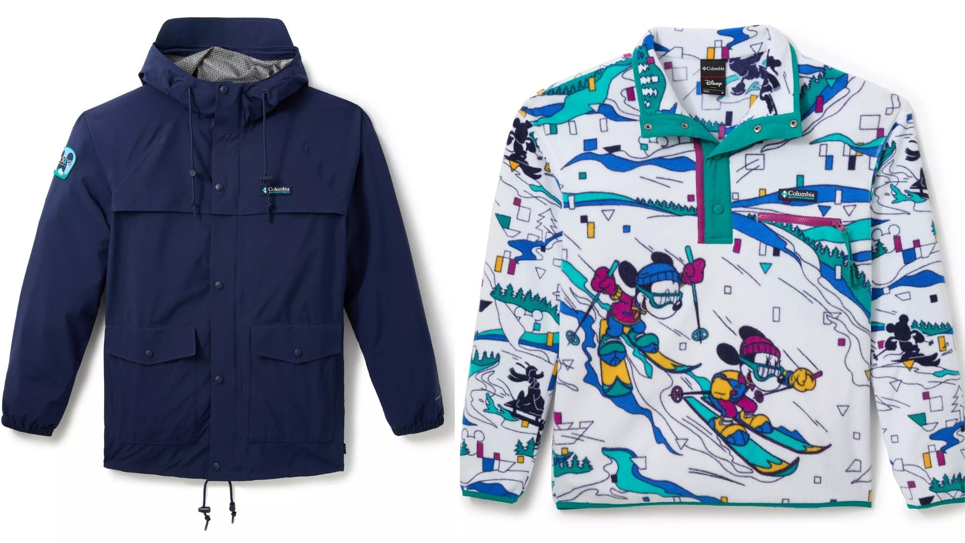 Navy hooded Columbia jacket next to a white pullover with colorful cartoon ski and snowboard graphics.