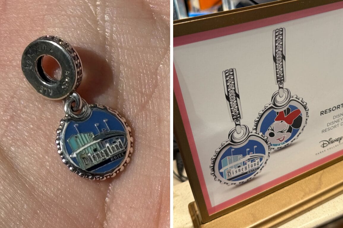 A close-up of a Disneyland Resort Pandora Charm and a display featuring two Disney-themed charms for sale.