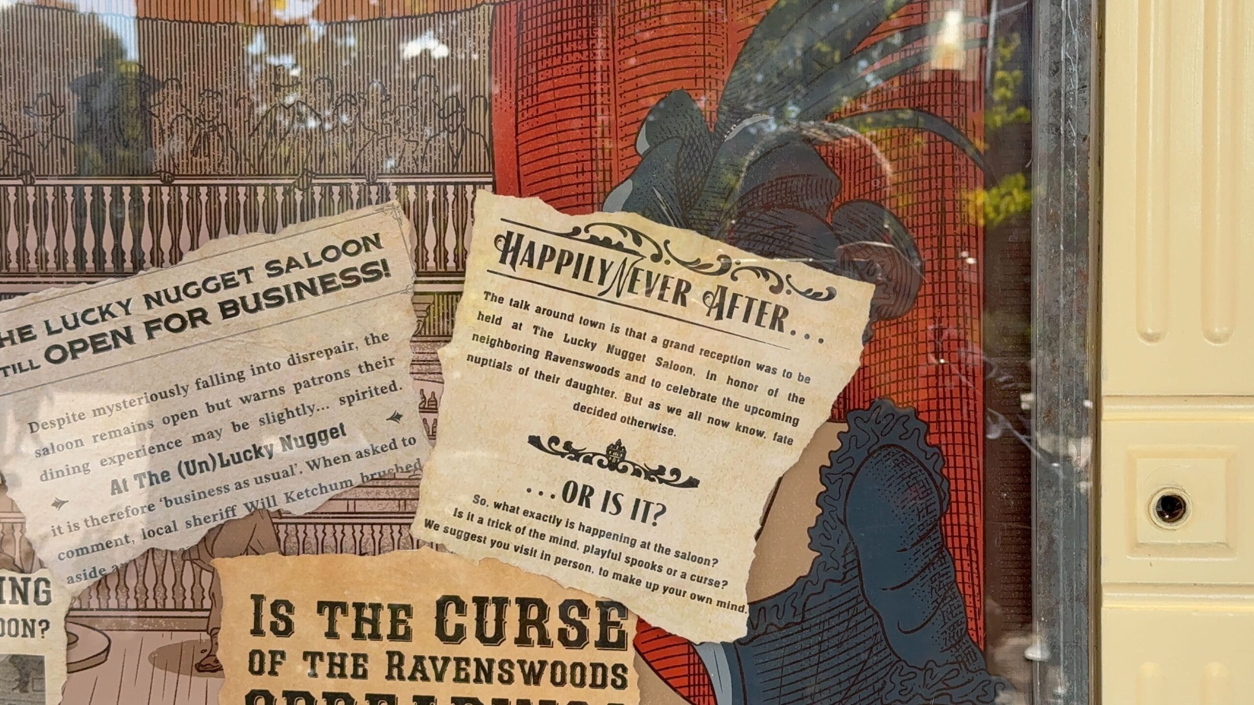 A torn "Happily Ever After" notice beside old clippings on a colorful, Phantom Manor-inspired vintage background.