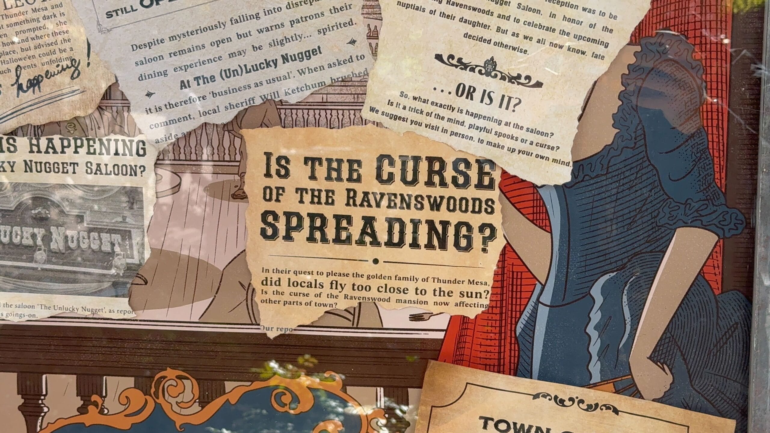 A collage of vintage clippings, featuring a headline: “Is the Curse of Phantom Manor Spreading?”