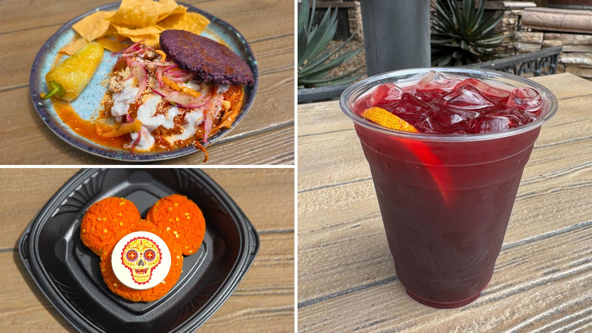 Three images: Rancho del Zocalo’s Mexican food with chips, a lemon drink, and a Mickey sugar skull cookie.