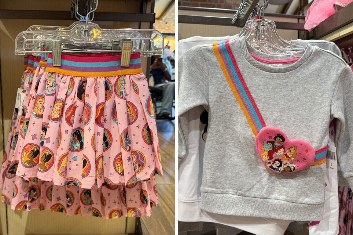 A pink pleated princess-themed youth skirt and a gray sweatshirt with a heart pouch—perfect for your next Disneyland trip.
