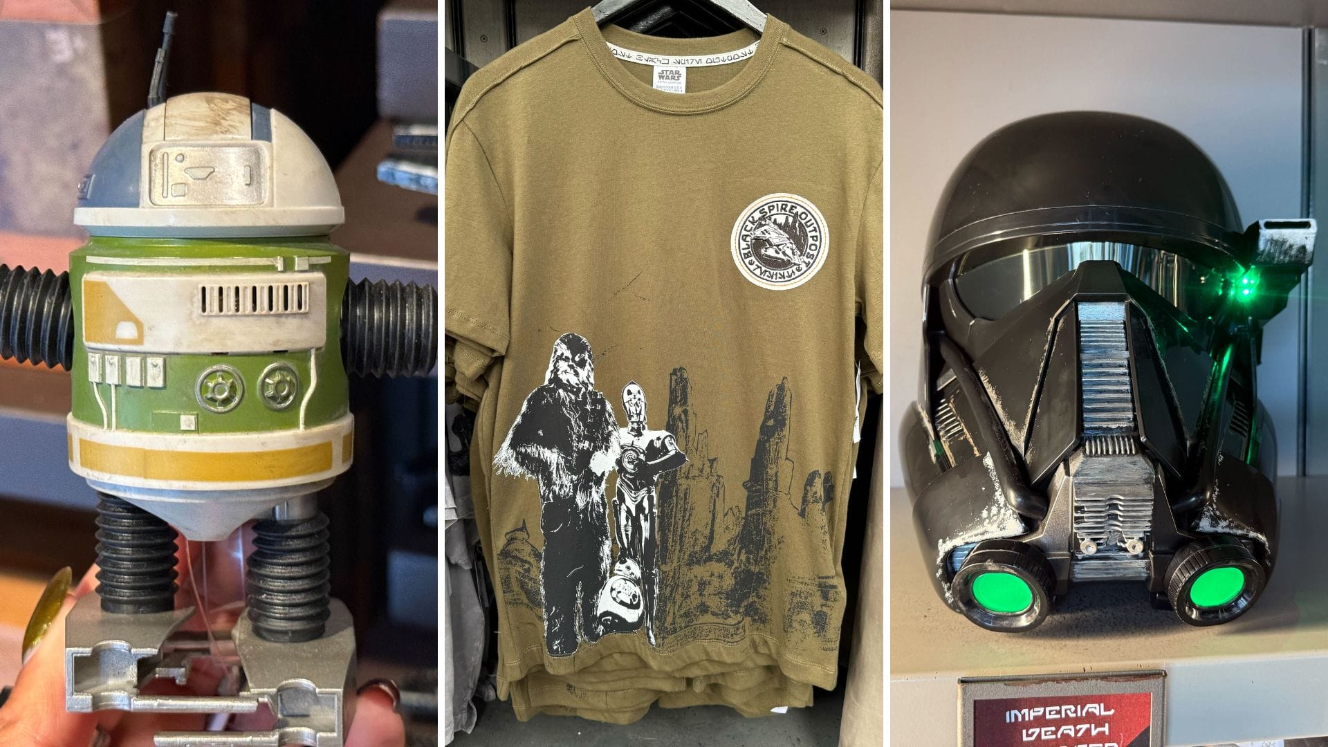 A Clink droid toy, a brown Chewbacca T-shirt, and an Imperial Death Trooper helmet on display.