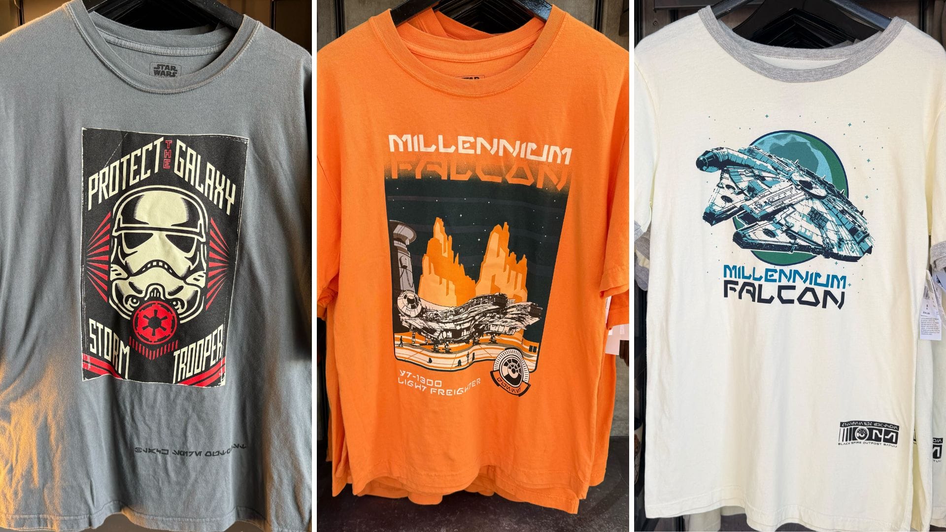 Three Star Wars t-shirts: a Stormtrooper design, an orange Millennium Falcon, and a Galaxy’s Edge-inspired white print.
