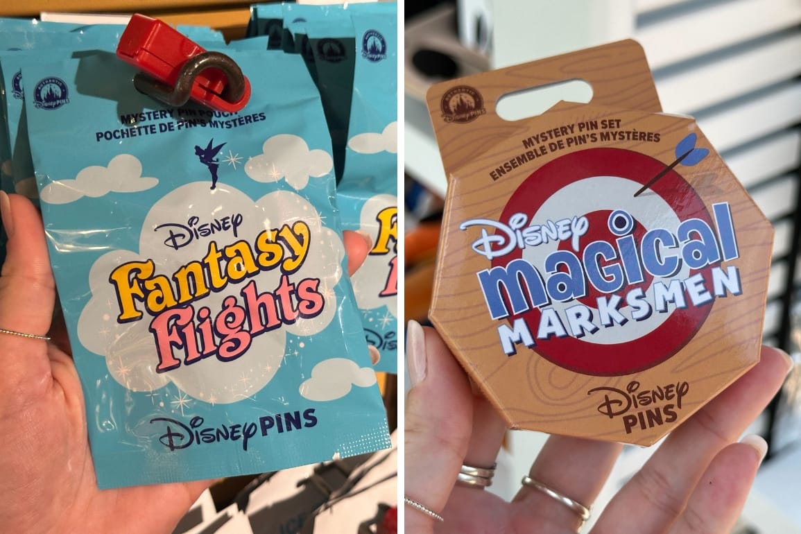 Two hands hold Walt Disney World Fantasy Flights and Magical Marksmen Mystery Pin packages.
