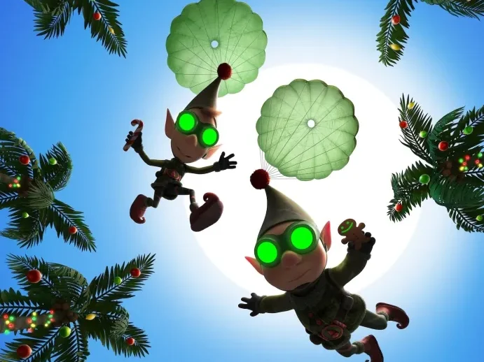 Two elves with green goggles parachute at night in this Disney Channel Prep & Landing Christmas special promo.