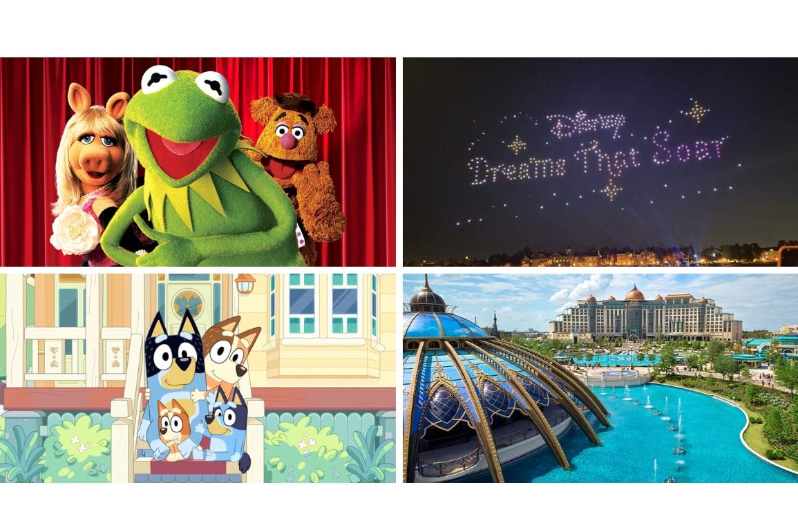 Daily recap: Four images—Muppets, Disney drone show, Bluey cartoon, and a resort with a pool and domed building.