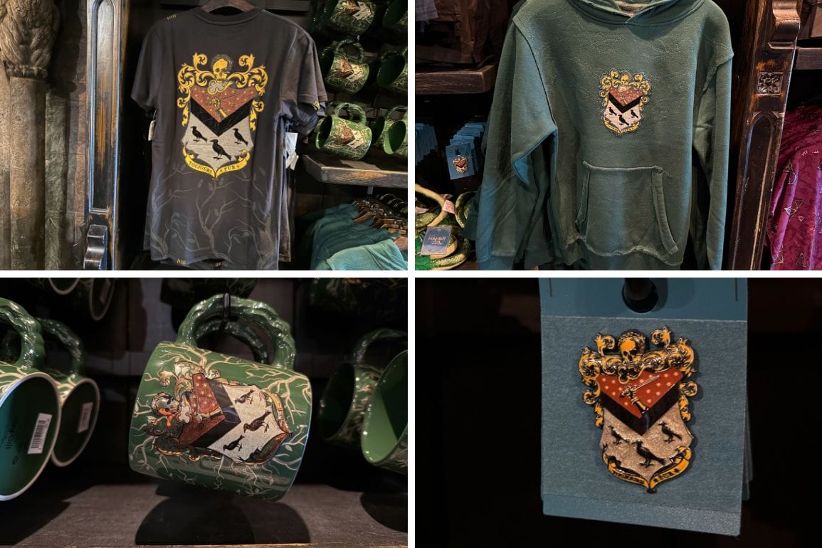 Four images showcase the House of Black Collection: t-shirt, hoodie, mug, and tag patch at Universal Orlando Resort.