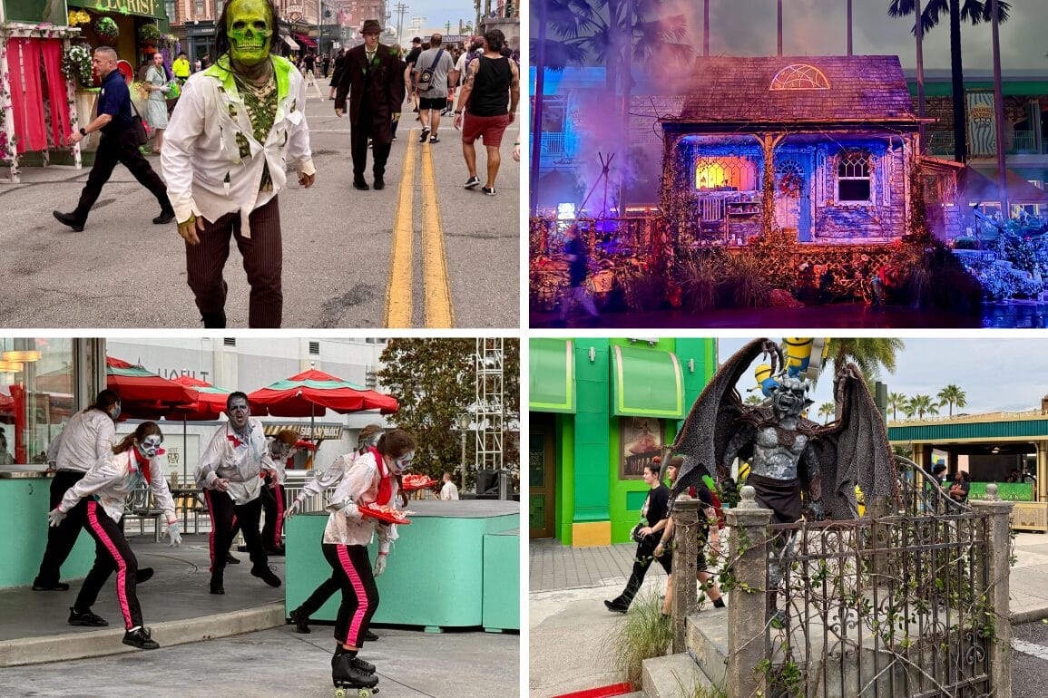 A collage of Halloween scenes with zombies, scare zones, performers, and a haunted house outdoors in Orlando.