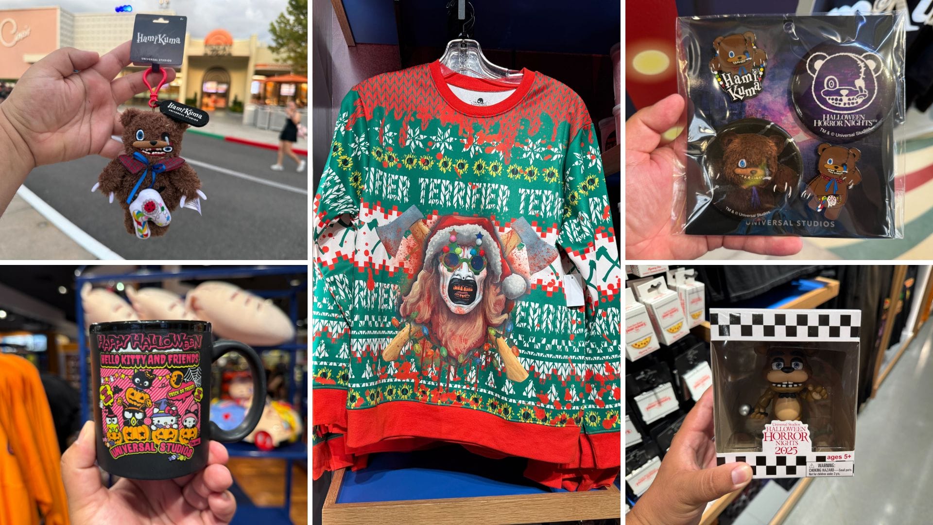 A collage of HHN 2025 Merchandise, featuring a sweater, mug, figurine, pin set, and plush bear keychain.