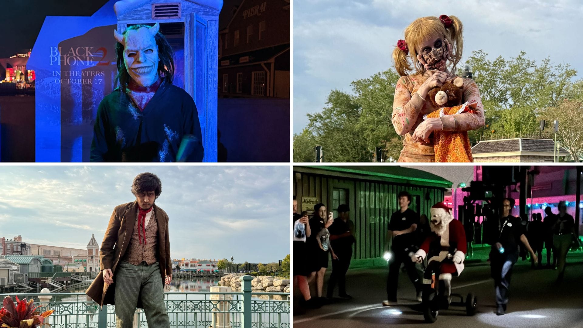 A collage of four creepy Halloween Horror Nights 2025 characters in costume at an outdoor theme park event.