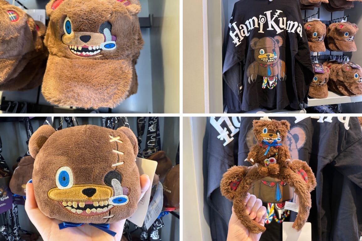 Plush HamiKuma bear hat, headband, and pouch with mismatched eyes, featured at Universal Orlando Resort.