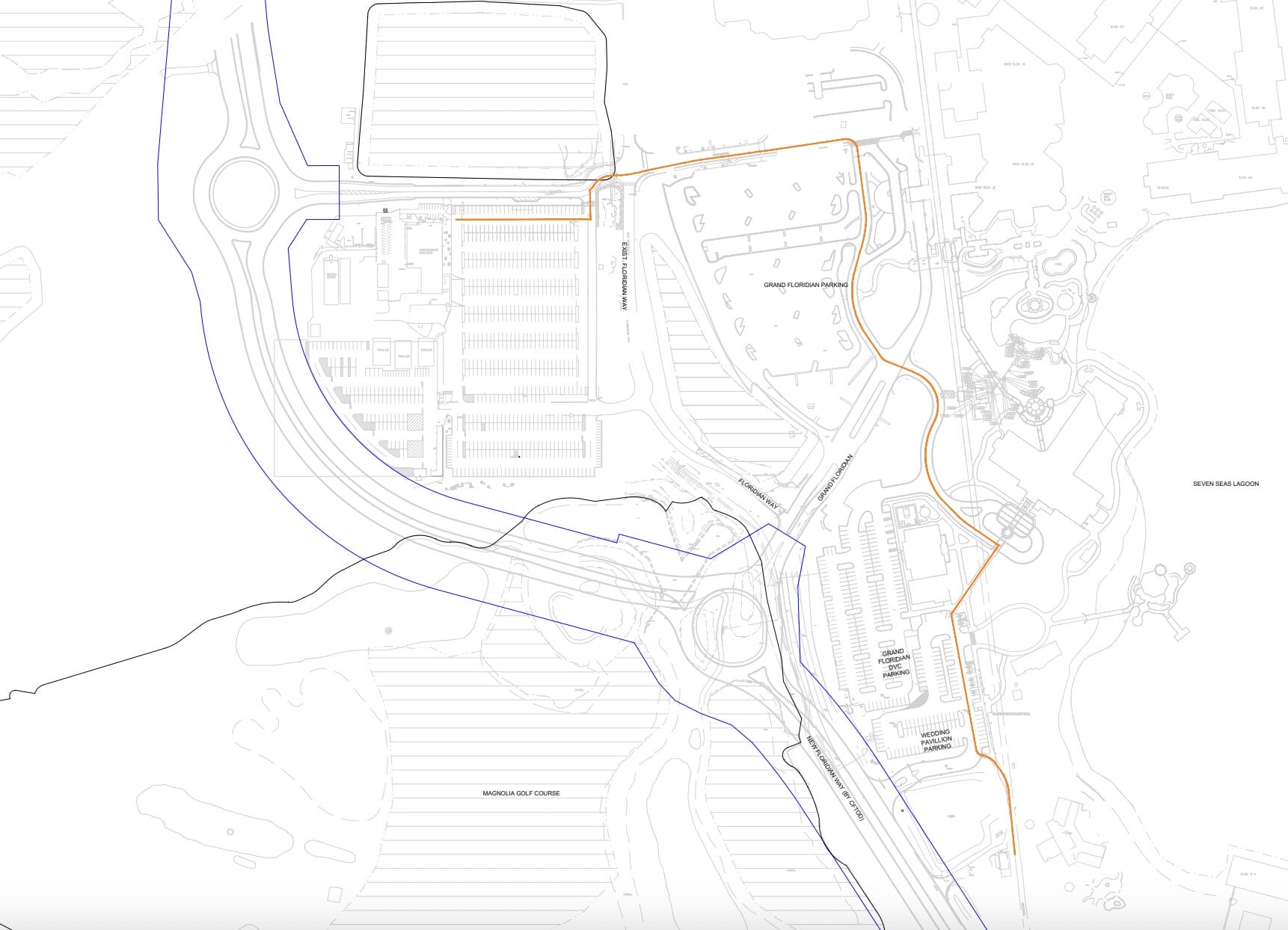 A site map with parking lots, roads, and pathways outlined in blue and orange lines.