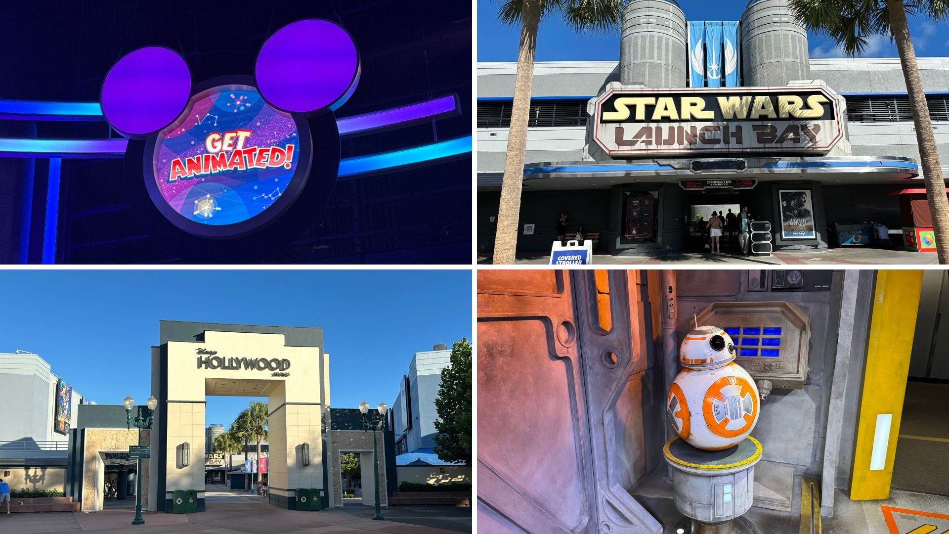 A collage of Disney's Hollywood Studios scenes, featuring Animation Courtyard and Star Wars Launch Bay with BB-8.