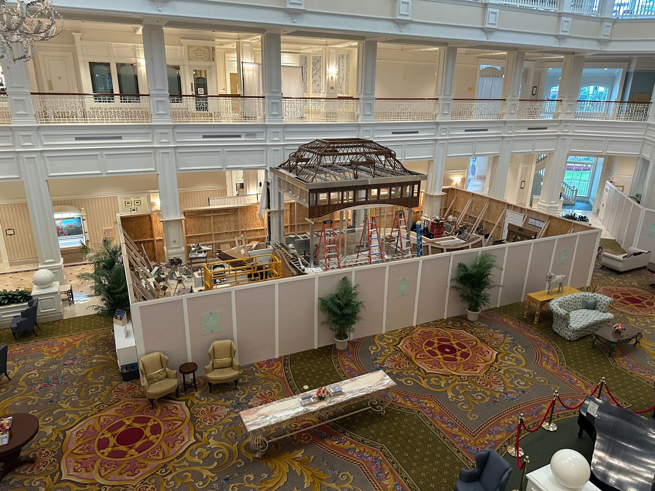 A hotel lobby features a large construction area with barriers and equipment&mdash;see the Daily Recap for updates.