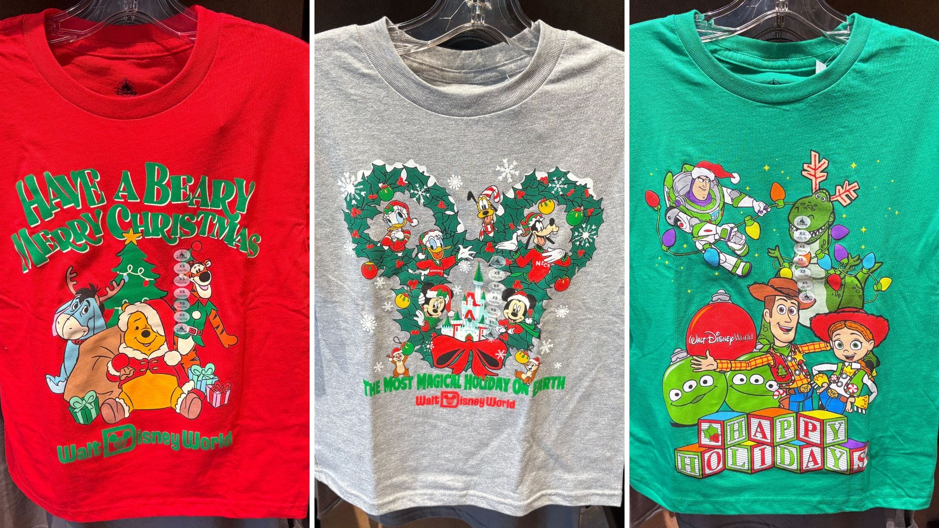 Three Disney World Youth Holiday T-Shirts featuring Winnie the Pooh, Mickey Mouse, and Toy Story Characters in festive designs.