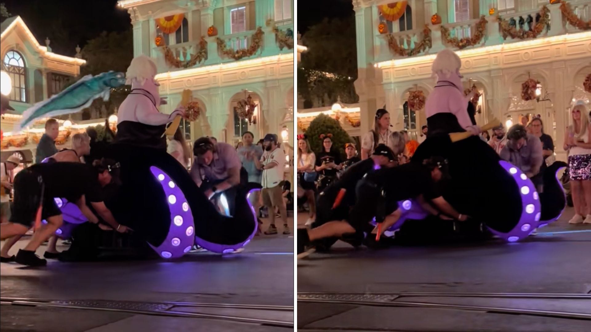 A parade performer in an Ursula costume falls on Main Street, with crew rushing to help during Mickey's Not So Scary Halloween Party.
