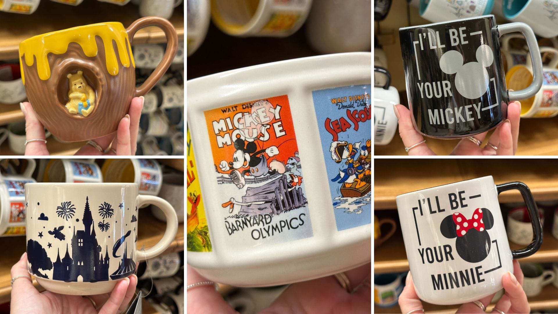 Collage of Walt Disney World mugs, featuring Minnie & Mickey designs, vintage cartoons, a castle, and Winnie the Pooh.