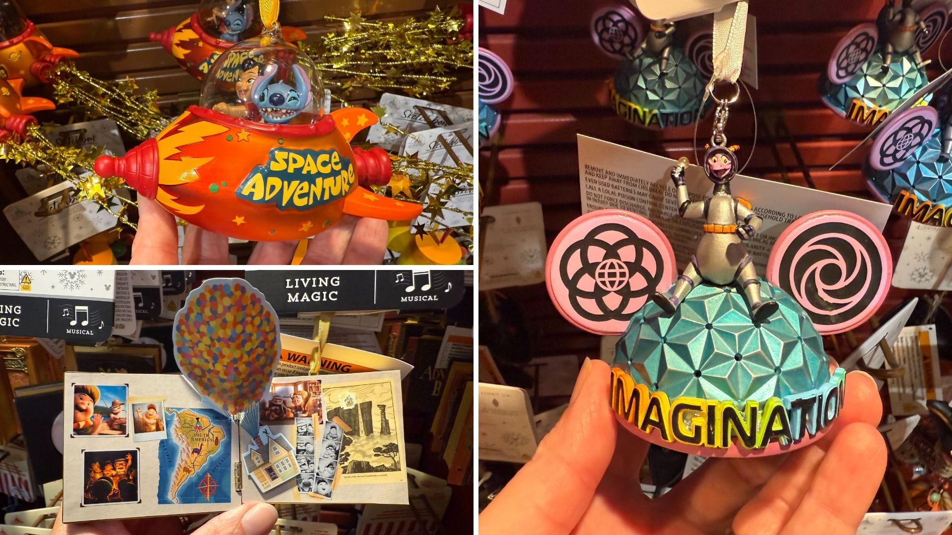 Three Disney-themed ornaments: a Figment Ornament rocket, balloon with postcards, and a Walt Disney World dome.