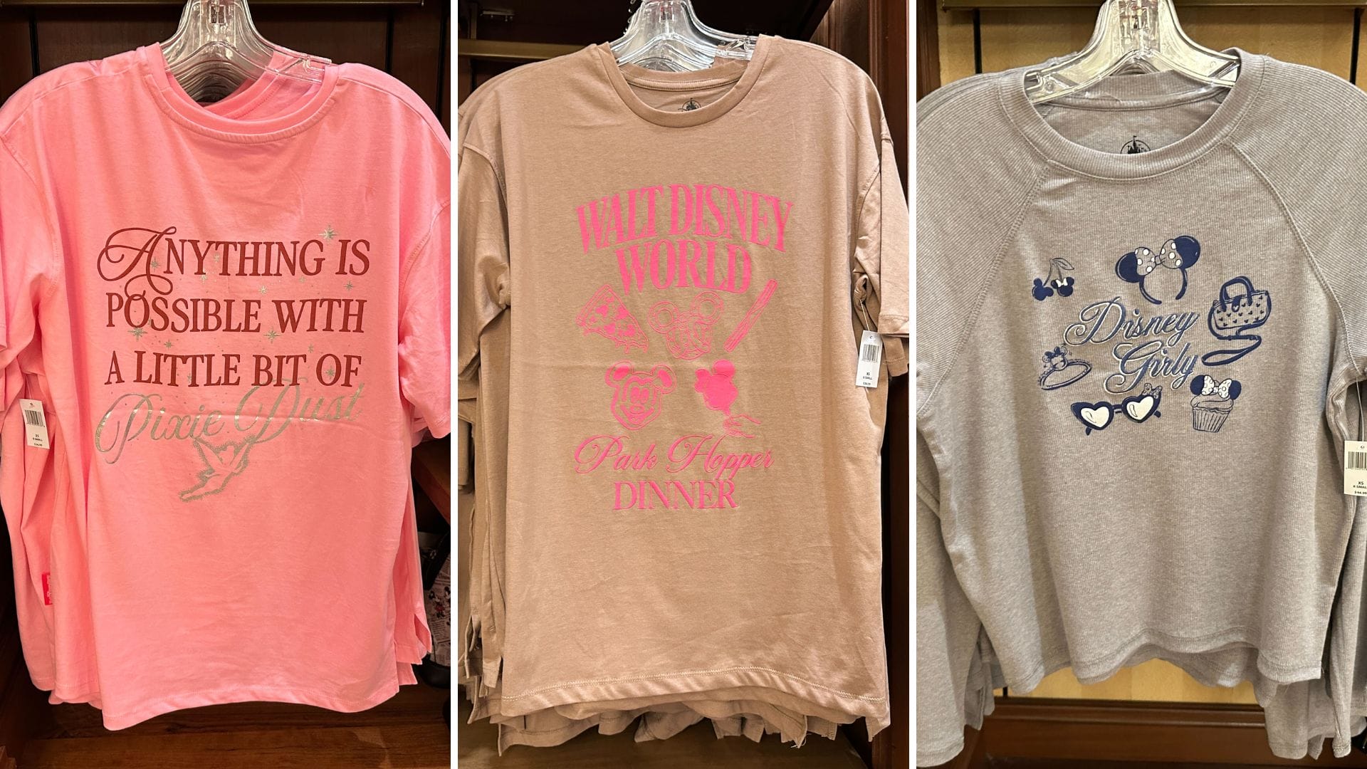 Three Disney Parks T-Shirts on hangers with pink and beige colors, featuring Magic Kingdom and Minnie Mouse designs.