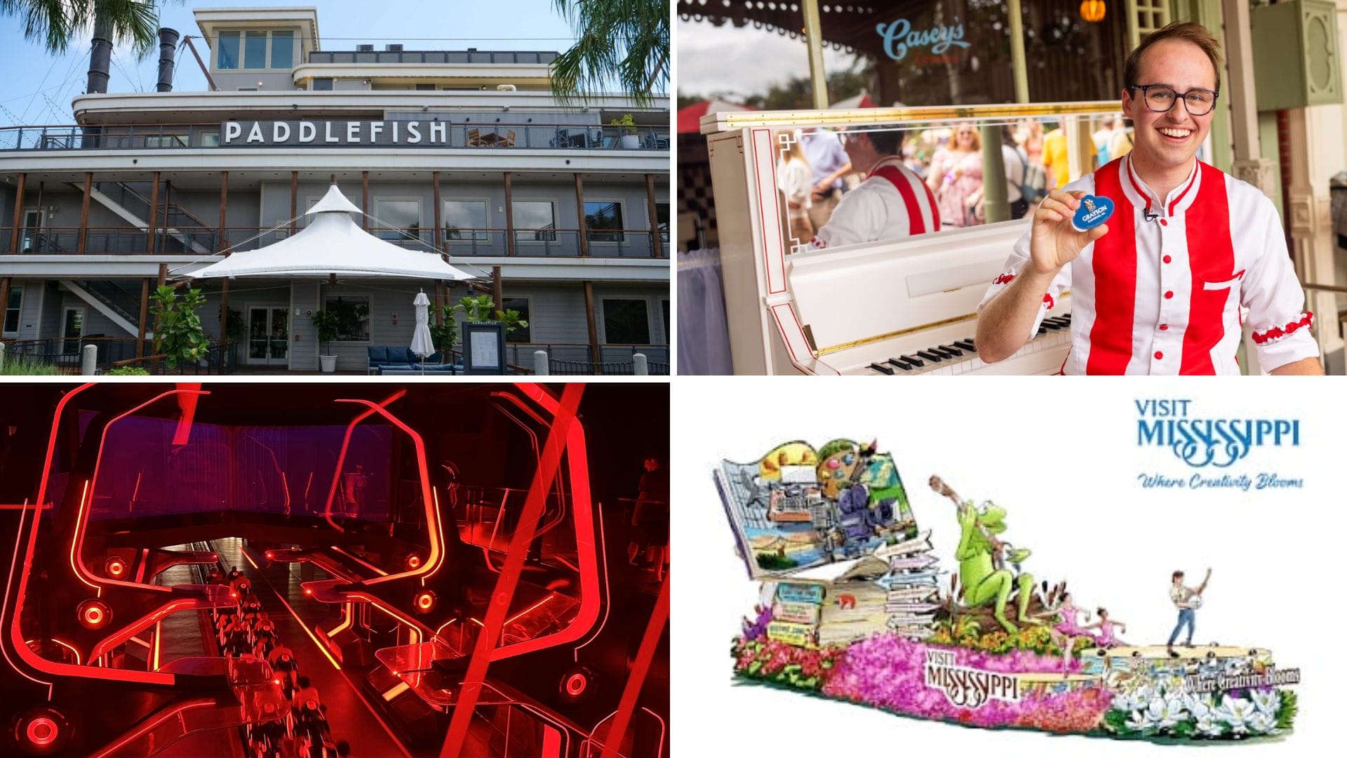 A collage featuring Paddlefish restaurant, a smiling man at a piano, a red-lit interior, and scuba diving art.