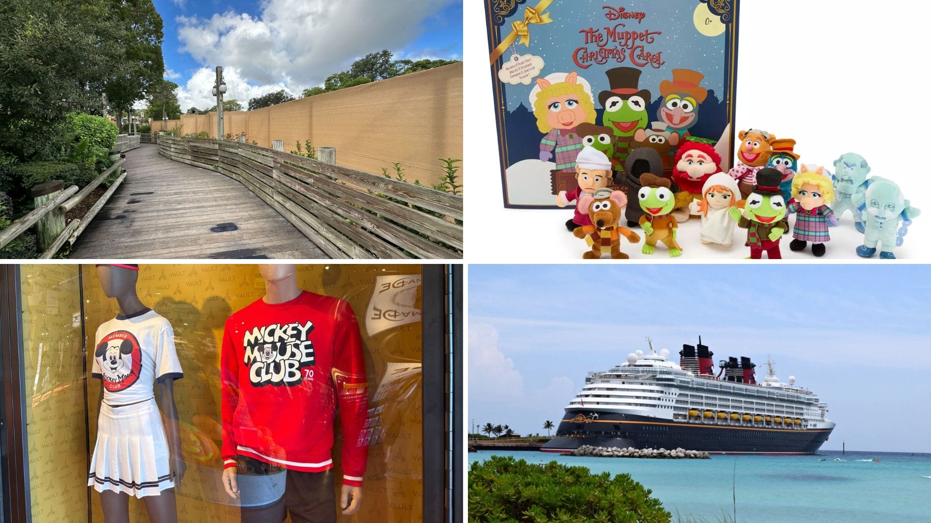 A boardwalk, Muppets plush toys, Countdown Calendar, Mickey Mouse Club outfits, and a Disney cruise ship by the ocean.