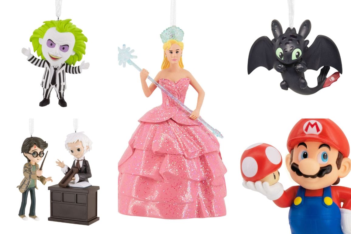 Six Hallmark Ornaments of Beetlejuice, Glinda, Toothless, Harry Potter, Dobby, and Mario with mushroom; no Disney castles shown.