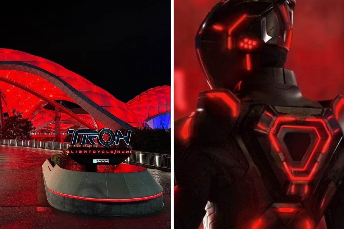 Left: TRON Lightcycle Run entrance radiates red glow at night. Right: Tron: Ares suit shines with bright red accents. No castle views.