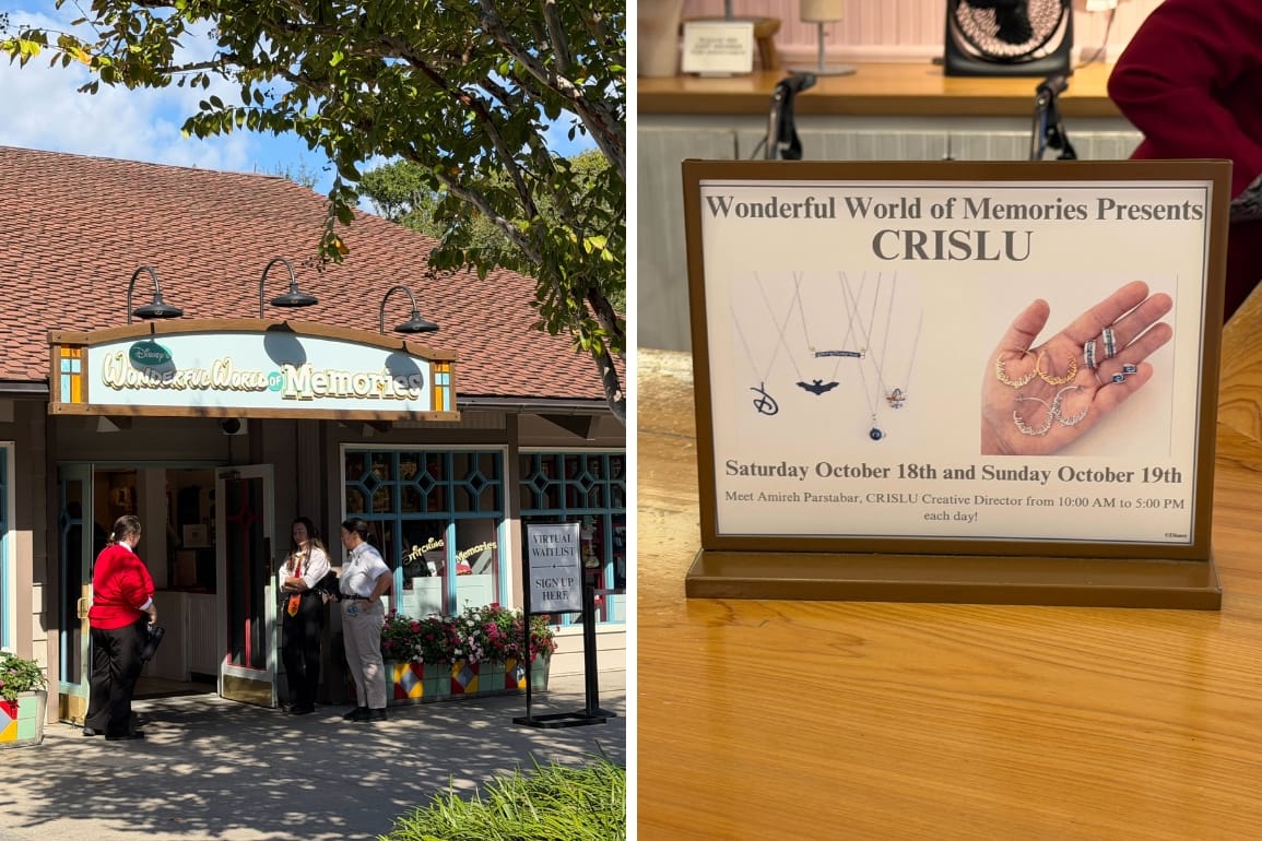 Left: Guests gather outside a Disney gift shop. Right: Walt Disney World sign promotes CRISLU Halloween Trunk Show, Oct 18-19.