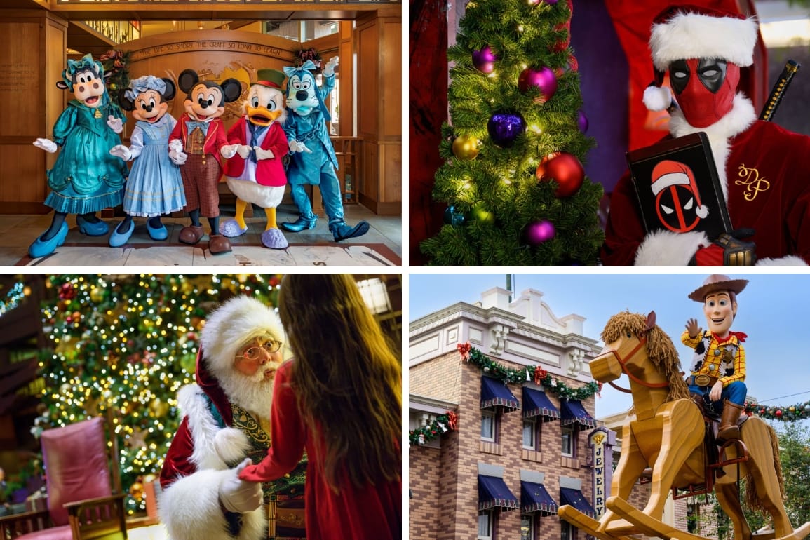 Four holiday scenes: Disney park characters, Deadpool as Santa, Santa with a child, and Woody on his toy horse celebrating.
