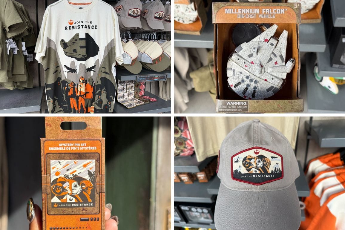 Star Wars Galaxy's Edge merchandise at a Disney park: t-shirt, Millennium Falcon toy, pin set, and "Join the Resistance" cap.