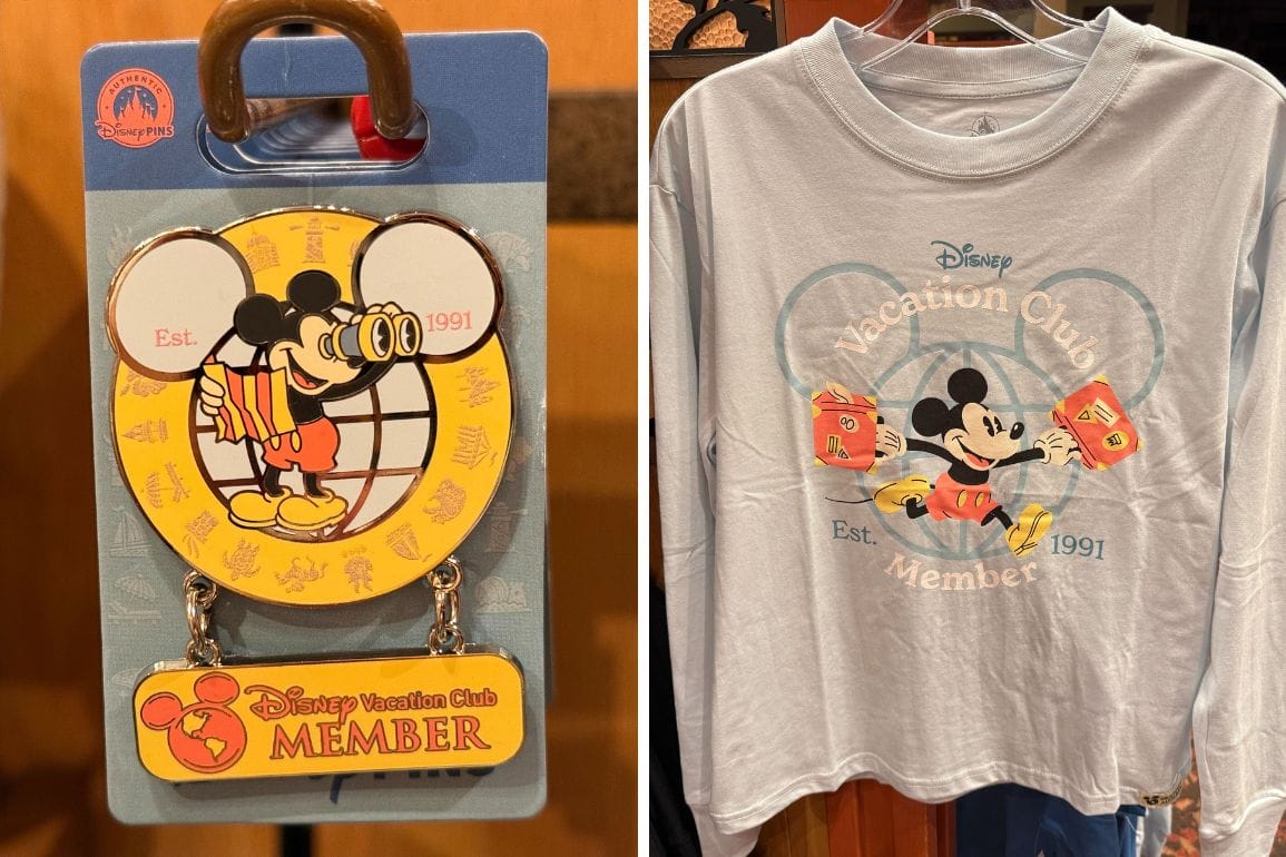 Disneyland DVC set: pin and shirt with Mickey Mouse, binoculars, suitcase, and Est. 1991—featuring Disneyland imagery.