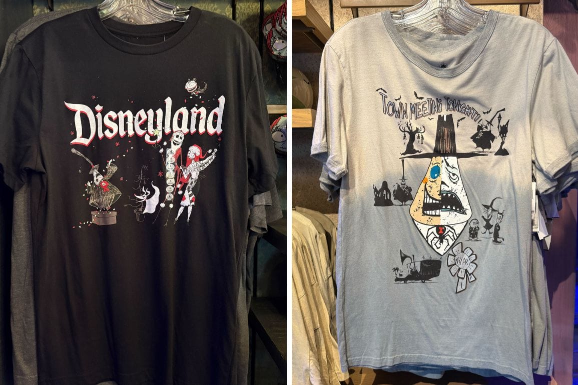 Two Disneyland shirts on display: gray and black, featuring Jack and Sally from Nightmare Before Christmas, park merch style.