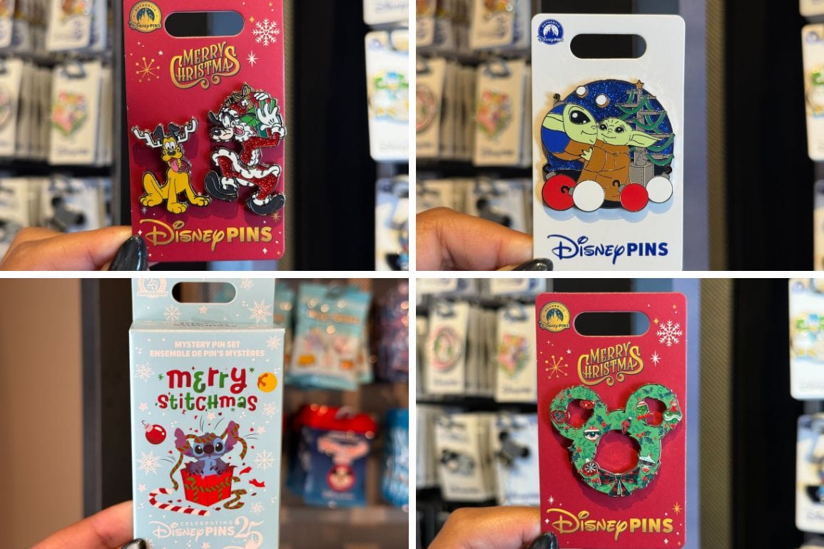 Four Disney Parks holiday pins: Stitch sledding, Grogu, Stitch with gifts, and a Mickey wreath—festive park magic!