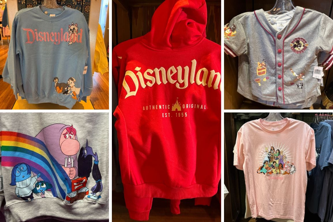 Collage of five Disneyland park shirts with heroes and pirates, each displaying vibrant Disney characters, hanging side by side.