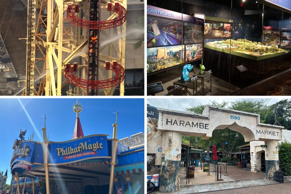Daily Recap collage: Rip Ride Rockit remains on fire, Walt Disney World preview center, Mickey's PhilharMagic, and Harambe Market.