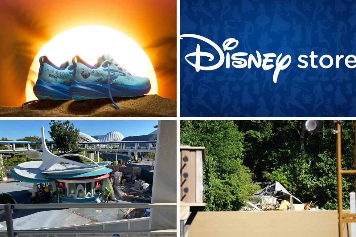 Daily Recap collage: Brooks shoes with Stitch, Disney Store logo, Cool Ship at Magic Kingdom, and Aunt Polly's demolished.