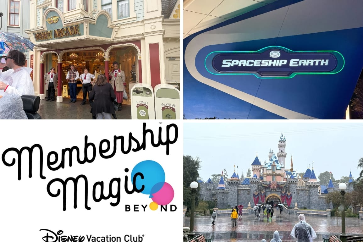 Daily Recap collage: Main Street evacuated at Disneyland, Spaceship Earth sign lit up at night, Disney Vacation Club Membership Magic 2026 logo, and snow on Sleeping Beauty Castle at Disneyland.