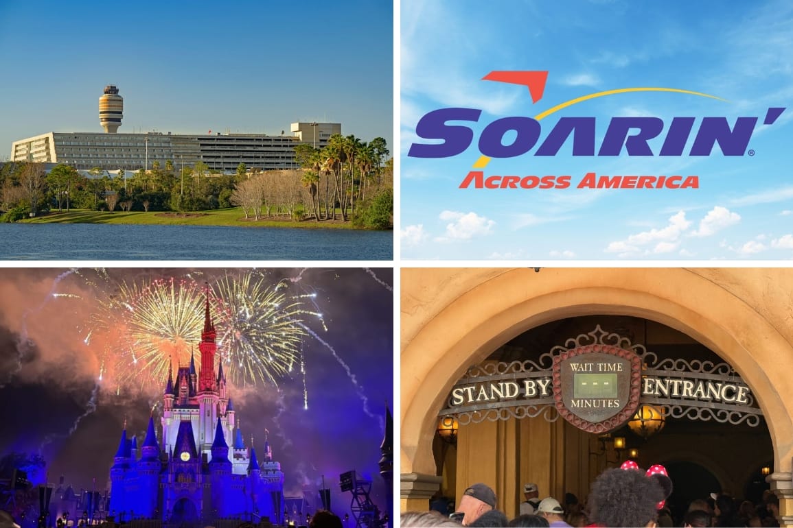 Daily Recap collage: Orlando International Airport (MCO), Soarin' Across America logo, Fourth of July fireworks at Magic Kingdom, and a non-functioning wait time sign at Walt Disney World.