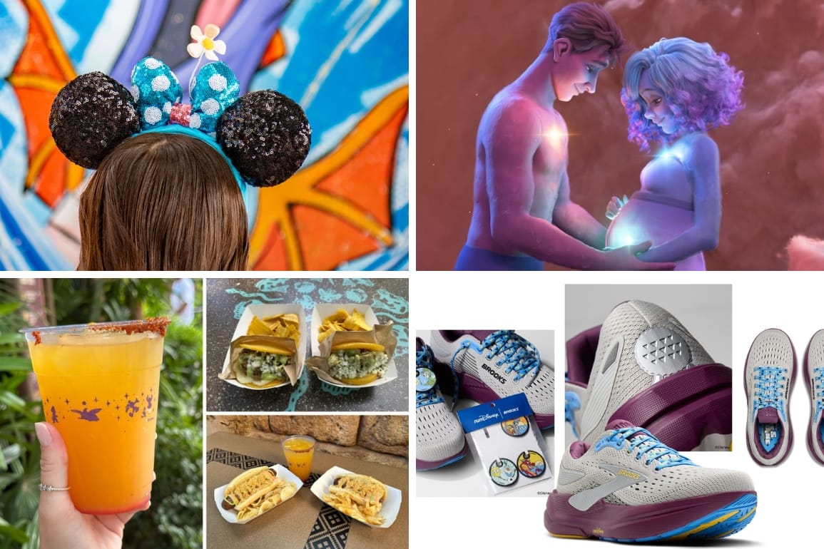 Disney Parks collage: Mouse ears, animated duo, tacos, orange drink, sneakers at EPCOT Festival of the Arts 2026; no castle shown.