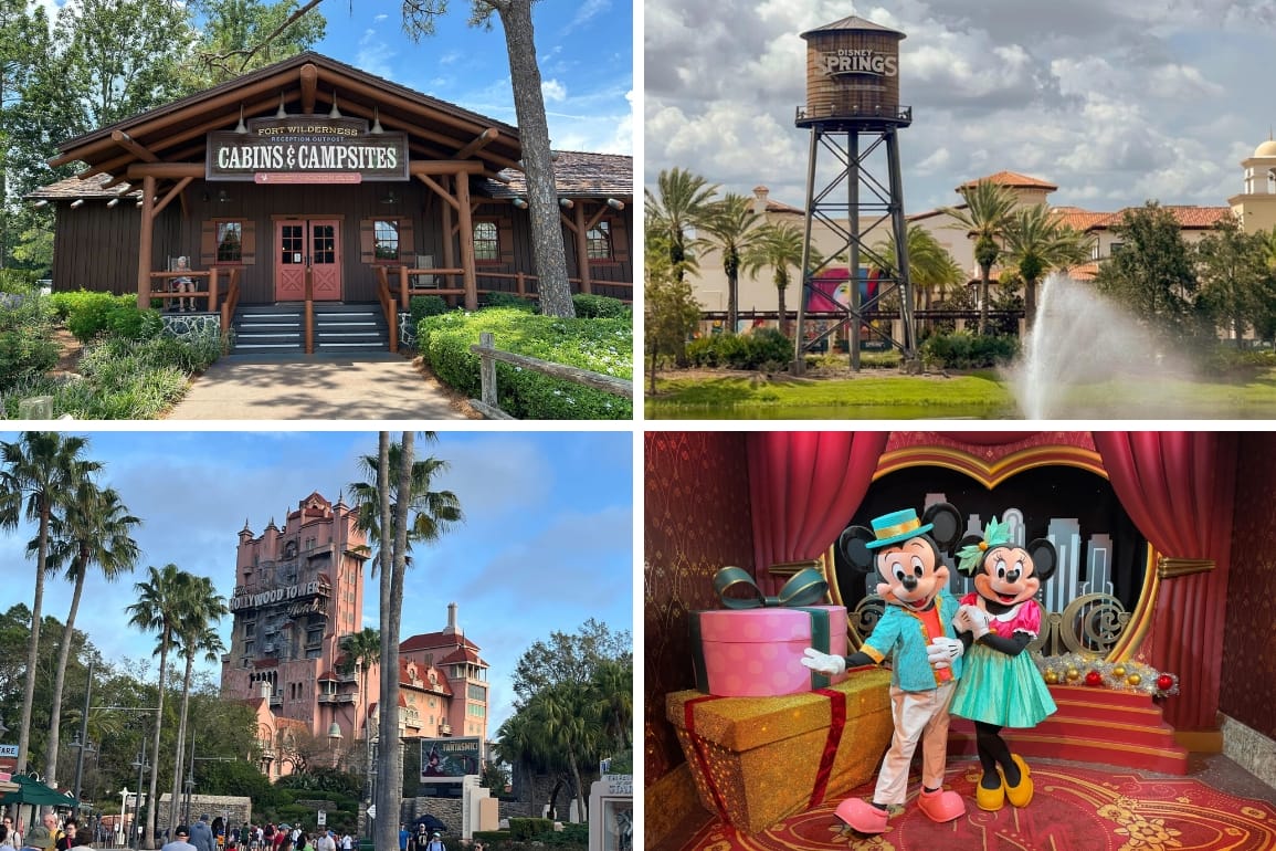 Collage of Walt Disney World scenes: Fort Wilderness cabins, water tower, Tower of Terror, and Mickey & Minnie indoors. No castles shown.