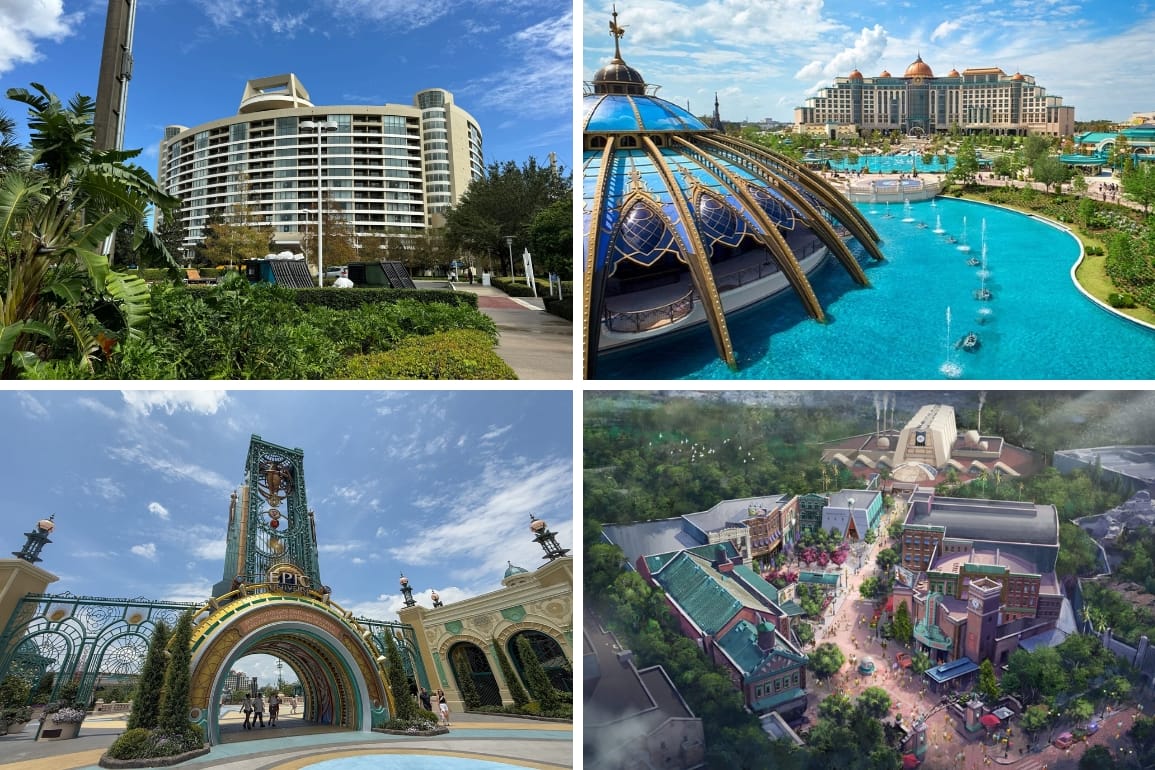 Daily recap collage: Bay Lake Tower at Disney's Contemporary Resort, aerial view of Celestial Park at Epic Universe, concept art of the Monsters, Inc. land at Disney's Hollywood Studios, and the Epic Universe entrance portal.