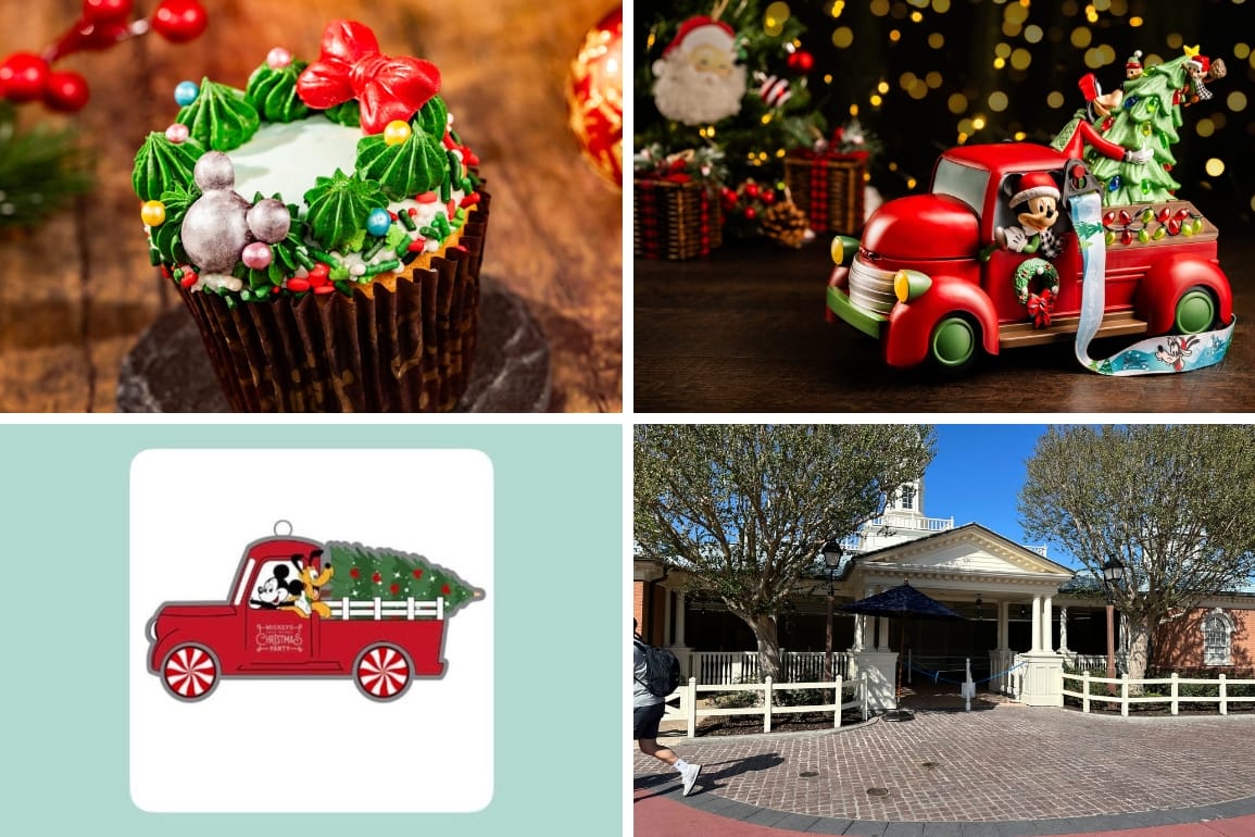 A festive cupcake and Mickey Mouse with a Christmas tree in a red truck at Mickey’s Very Merry Christmas Party in Magic Kingdom.