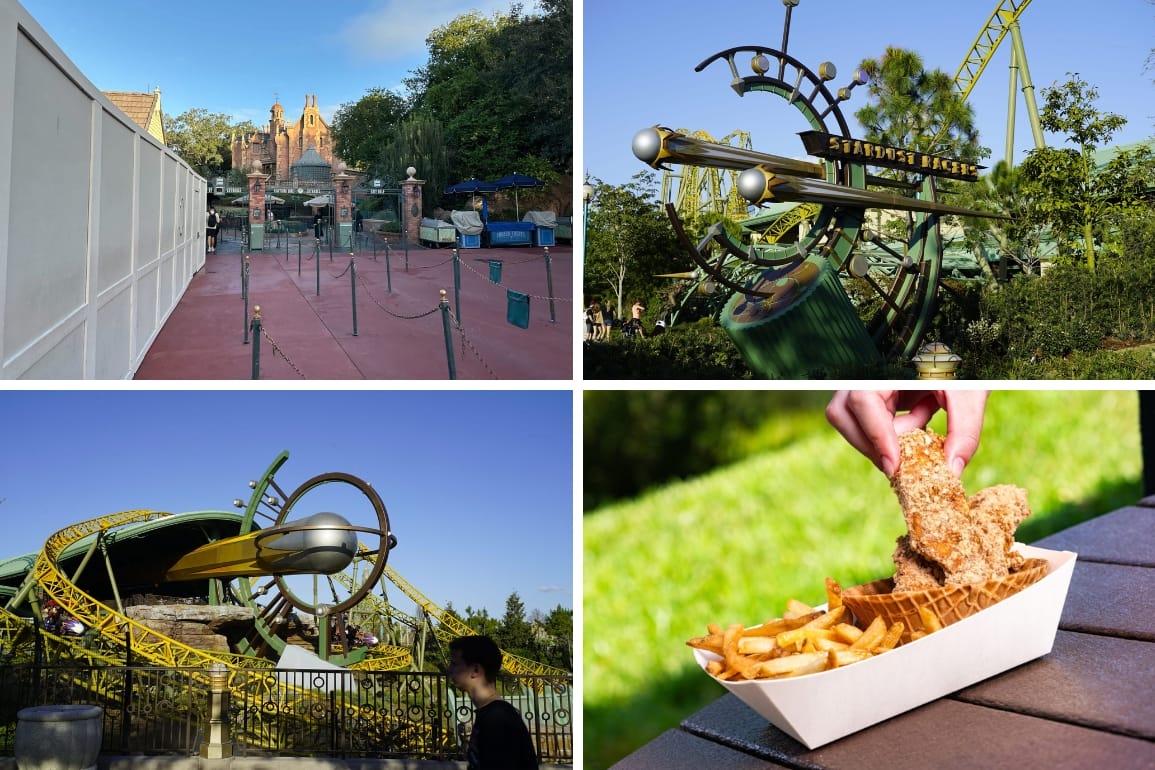 Daily recap collage: the queue for Haunted Mansion at Walt Disney World, two shots of Stardust Racers at Epic Universe, and a hand holding waffle cone chicken tenders in a Walt Disney World promotional photo.