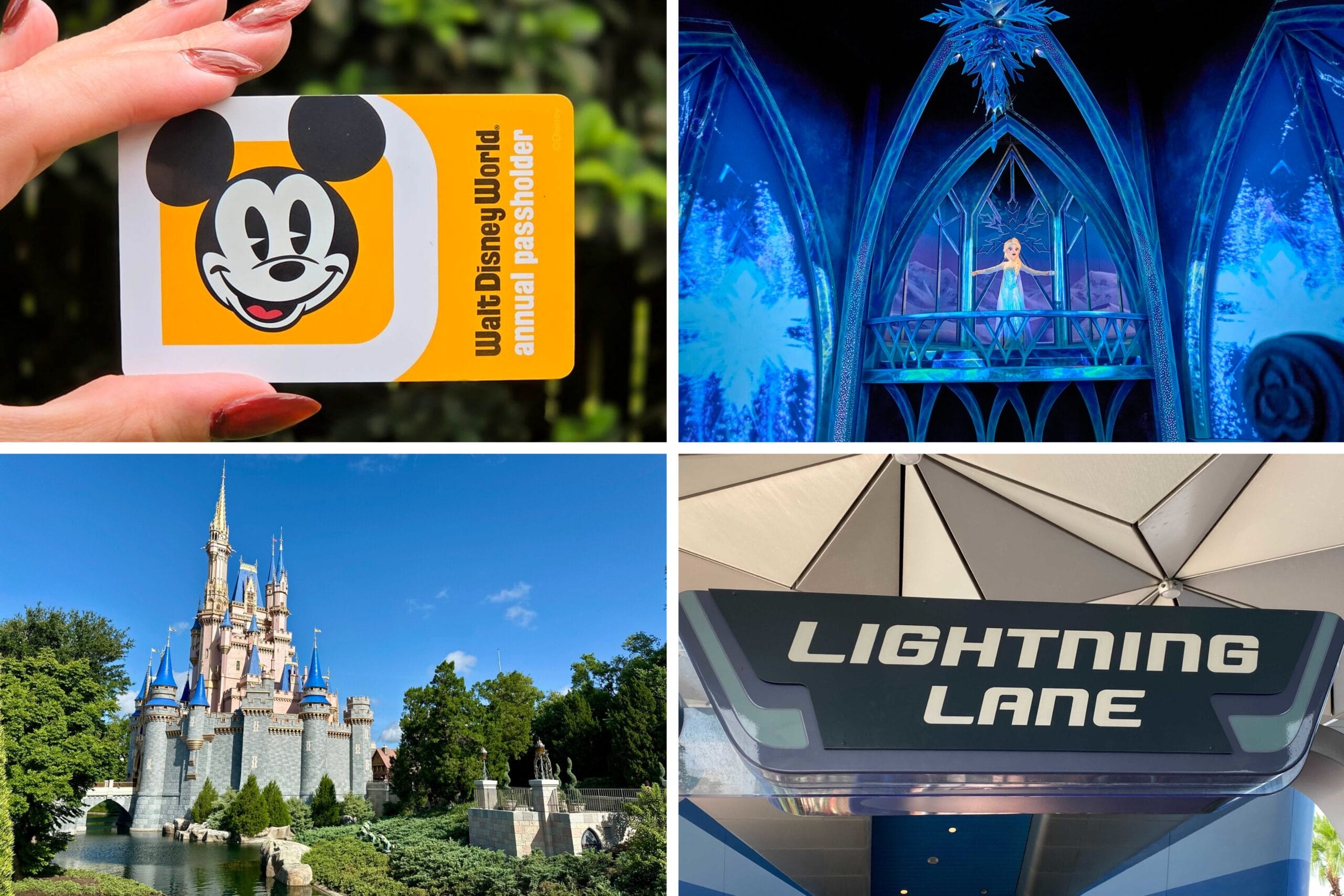 Daily recap collage: Walt Disney World annual pass, EPCOT Frozen Ever After, Cinderella Castle at Magic Kingdom, and a Lightning Lane sign.