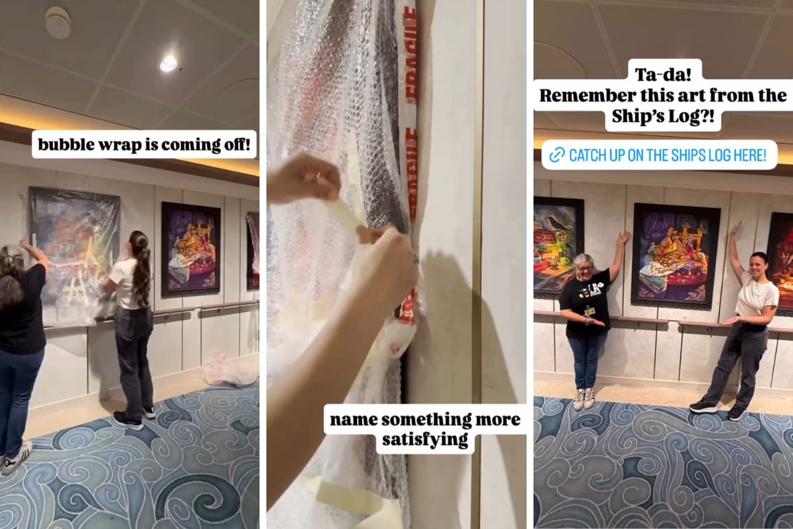 Three panels show people unveiling vibrant Disney Parks-inspired art; no castles shown to compare with world Disney castles.