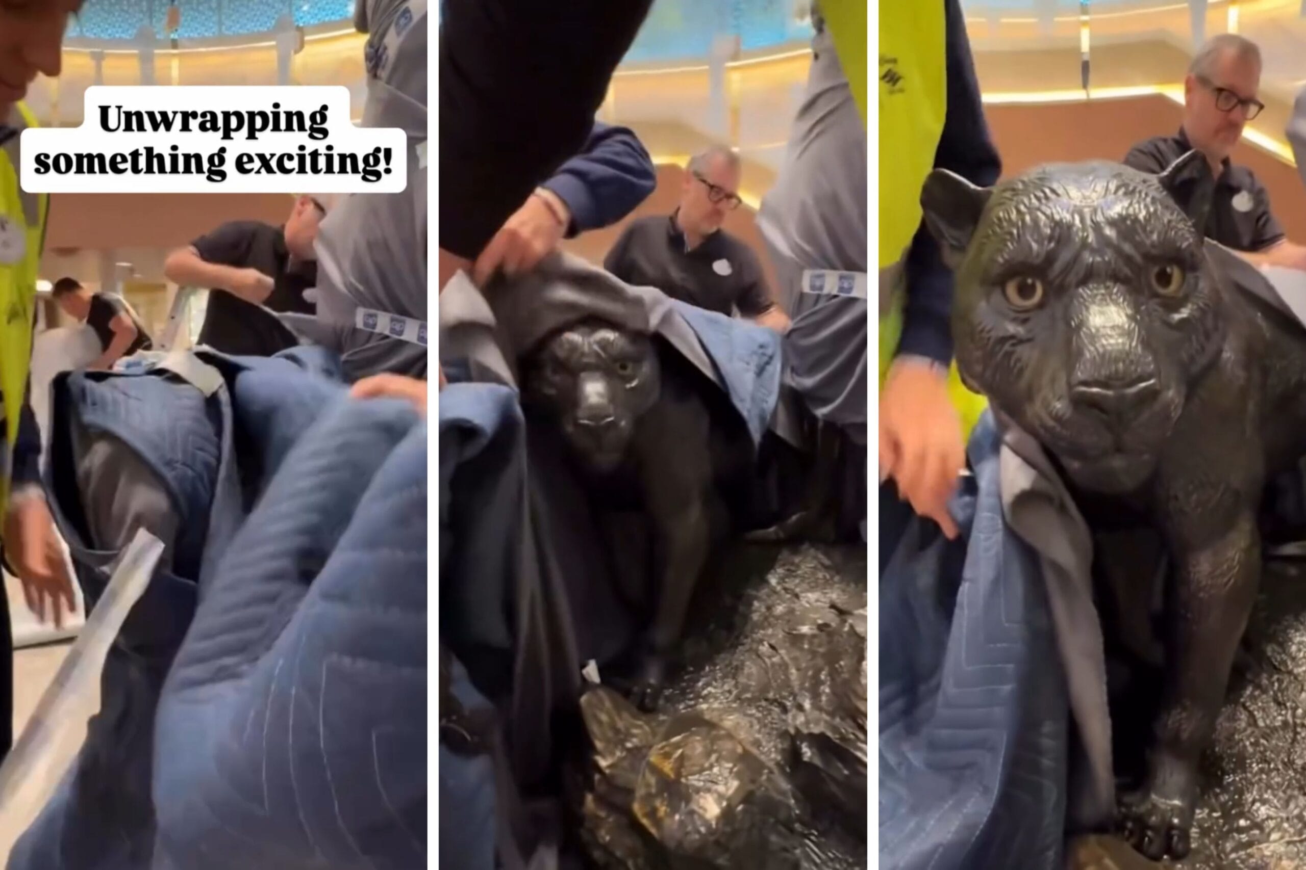 Three cast members at Destiny Atrium reveal a large panther statue; text overlay says "Unwrapping something magical!