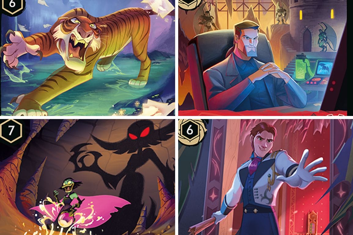 Four Disney Villains Cards: a fierce tiger, desk-bound schemer, hero vs. shadow beast, and swordsman—evoking park castle magic.