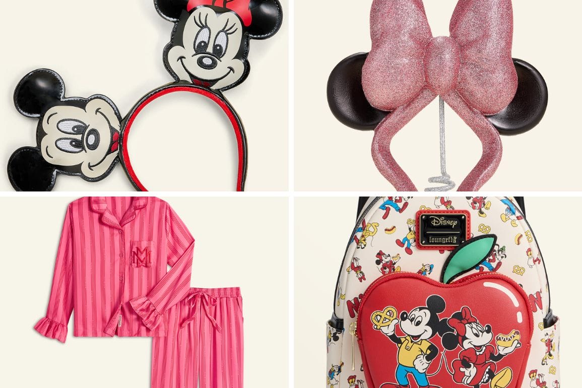 Collage of Disney Parks-inspired Macy's Holiday items: ear headbands, pink pajamas, and a Mickey apple backpack. No castle shown.