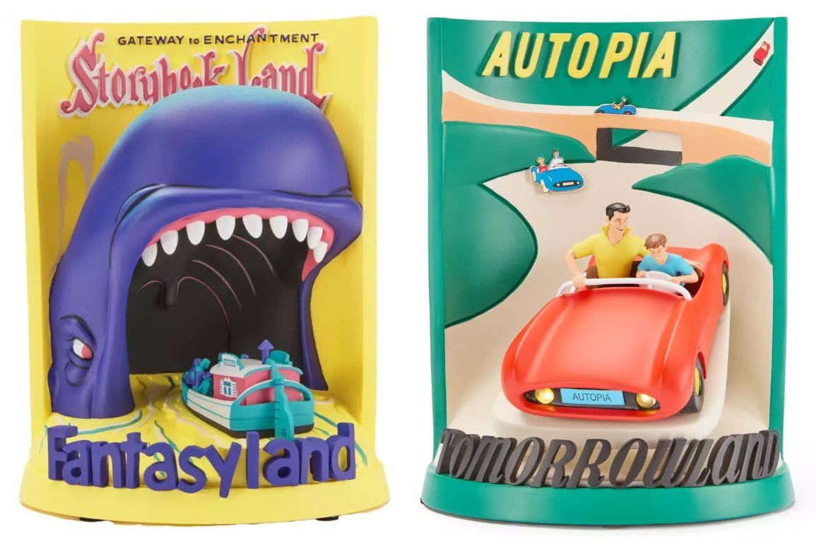Two vibrant 3D light-up figures showcase classic Fantasyland and Tomorrowland poster scenes, evoking Disney Parks' iconic charm.